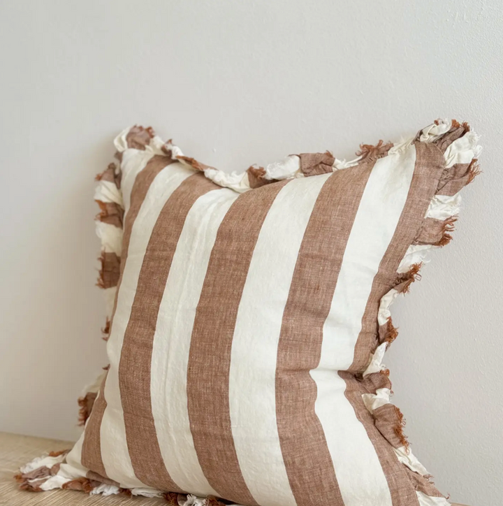 Ellenvale - Ruffled Linen Cushion Cover - Rust Wide Stripe
