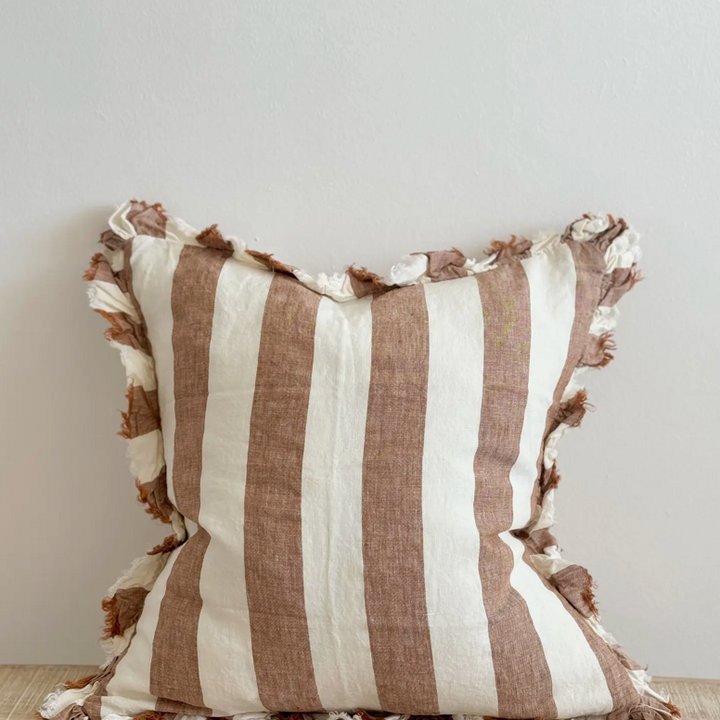 Ellenvale - Ruffled Linen Cushion Cover - Rust Wide Stripe