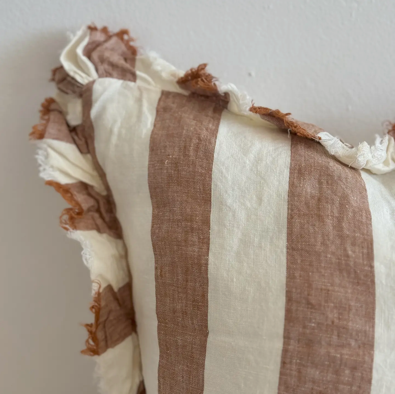 Ellenvale - Ruffled Linen Cushion Cover - Rust Wide Stripe