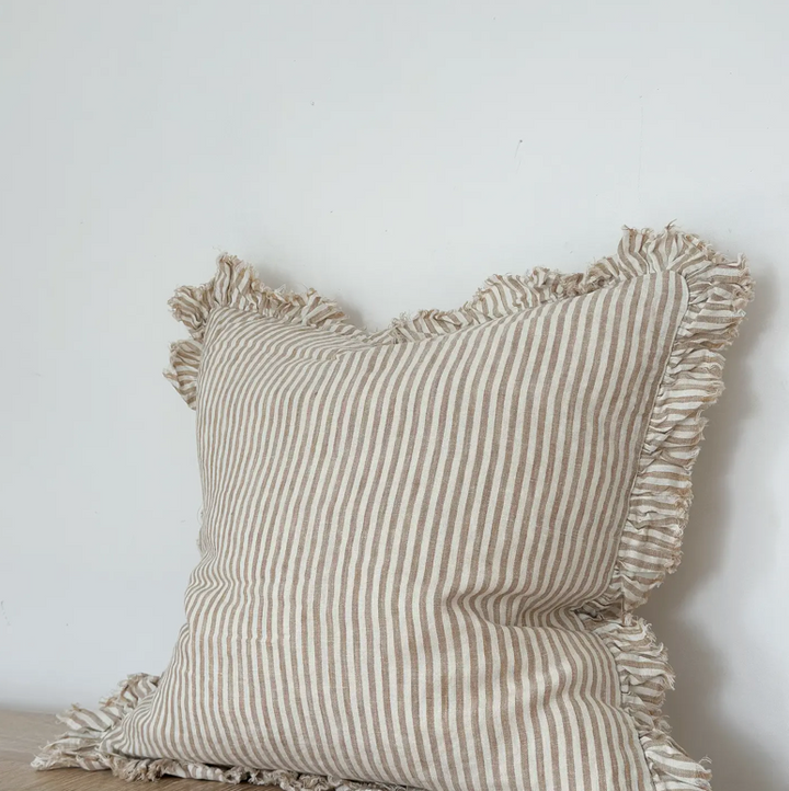 Ellenvale - Ruffled Linen Cushion Cover - Light Brown Stripe