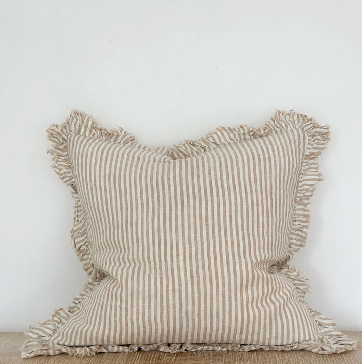 Ellenvale - Ruffled Linen Cushion Cover - Light Brown Stripe