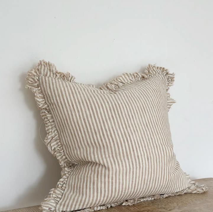 Ellenvale - Ruffled Linen Cushion Cover - Light Brown Stripe