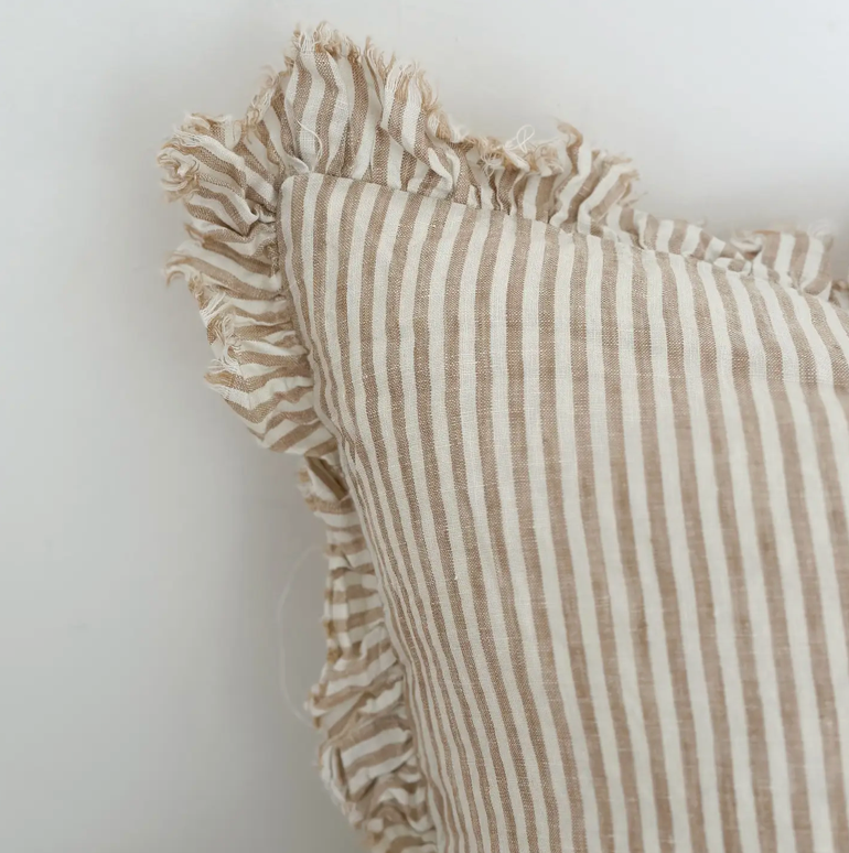 Ellenvale - Ruffled Linen Cushion Cover - Light Brown Stripe