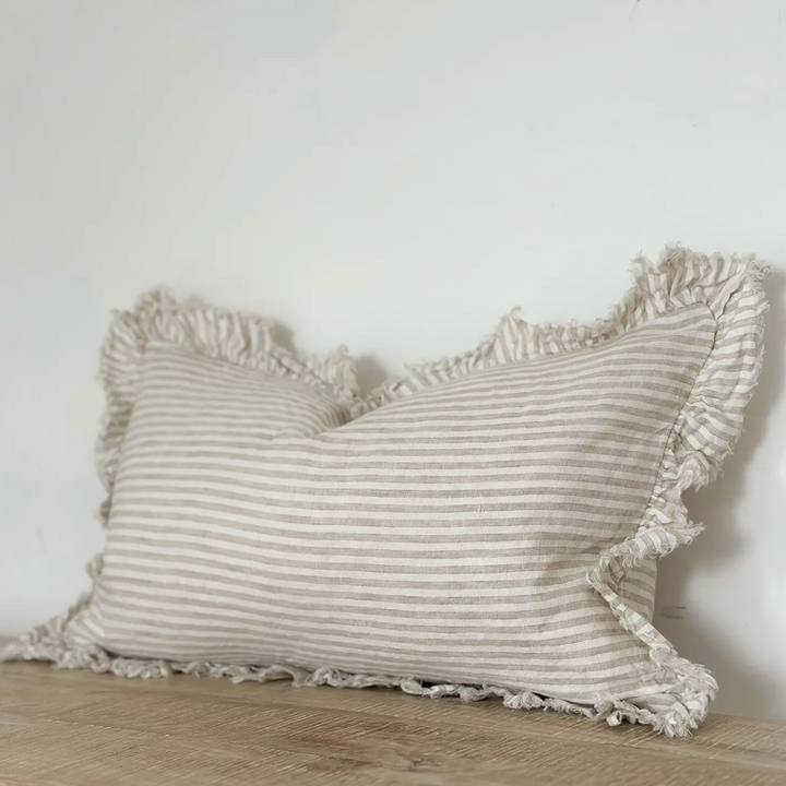 Ellenvale - Frayed Edge Linen Cushion Cover - Beige Stripe