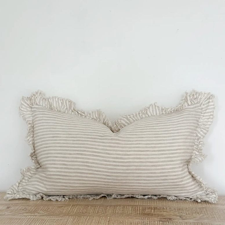 Ellenvale - Frayed Edge Linen Cushion Cover - Beige Stripe