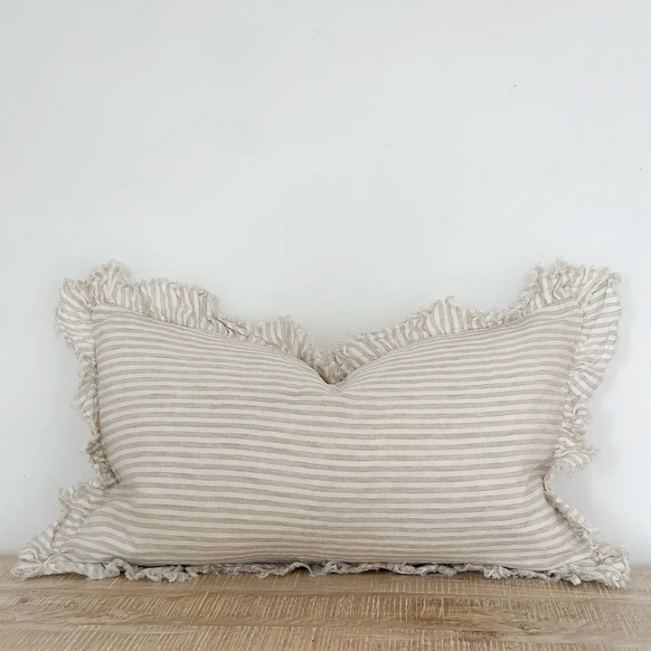 Ellenvale - Frayed Edge Linen Cushion Cover - Beige Stripe