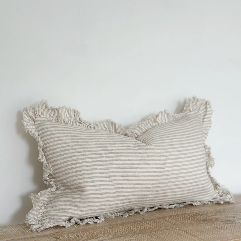 Ellenvale - Frayed Edge Linen Cushion Cover - Beige Stripe