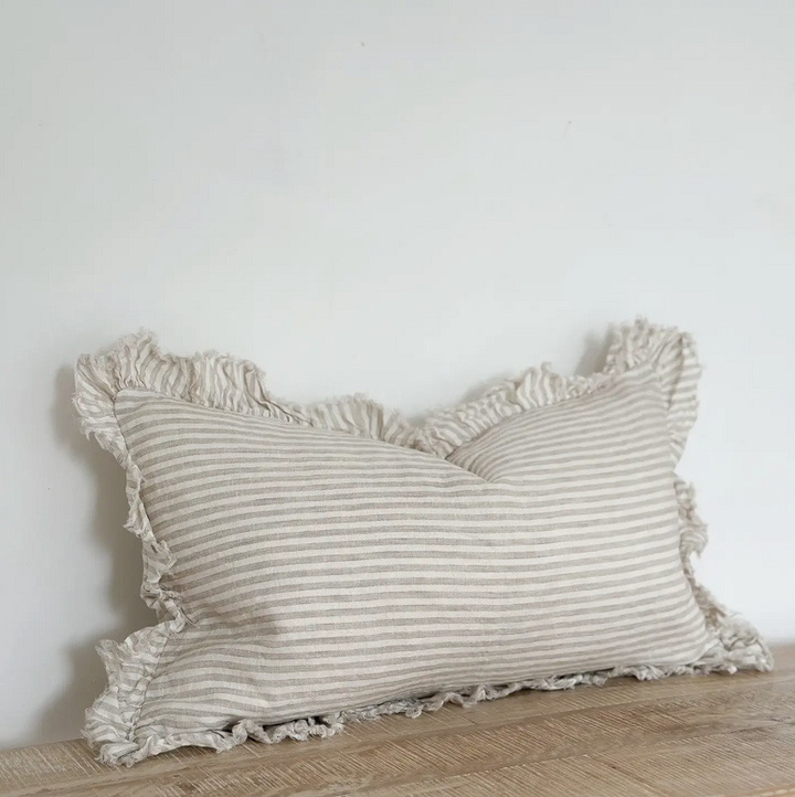 Ellenvale - Frayed Edge Linen Cushion Cover - Beige Stripe