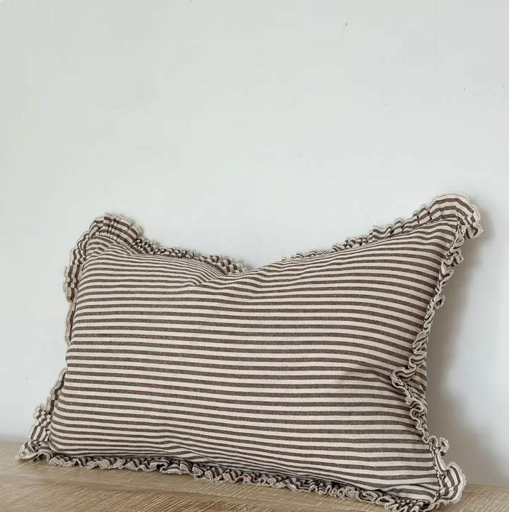 Ellenvale - Ruffled Linen Cushion Cover - Dark Brown Stripe (30x50cm)