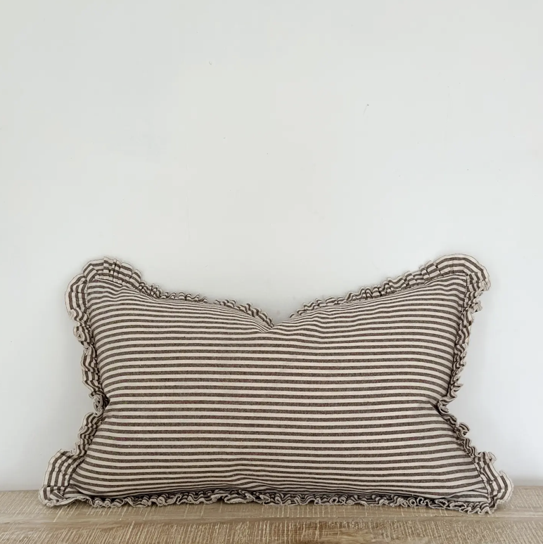 Ellenvale - Ruffled Linen Cushion Cover - Dark Brown Stripe (30x50cm)