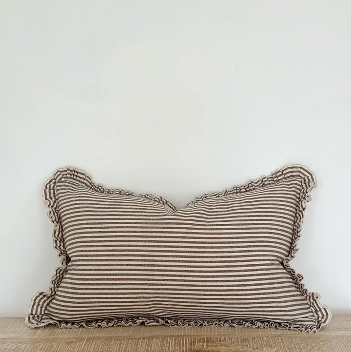 Ellenvale - Ruffled Linen Cushion Cover - Dark Brown Stripe (30x50cm)