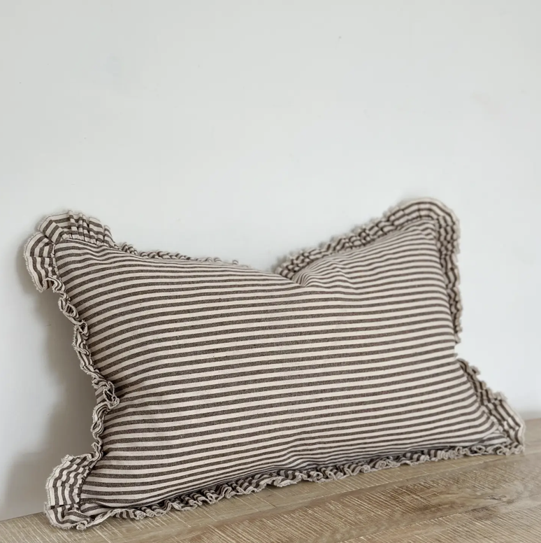 Ellenvale - Ruffled Linen Cushion Cover - Dark Brown Stripe (30x50cm)
