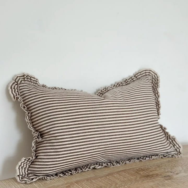 Ellenvale - Ruffled Linen Cushion Cover - Dark Brown Stripe (30x50cm)