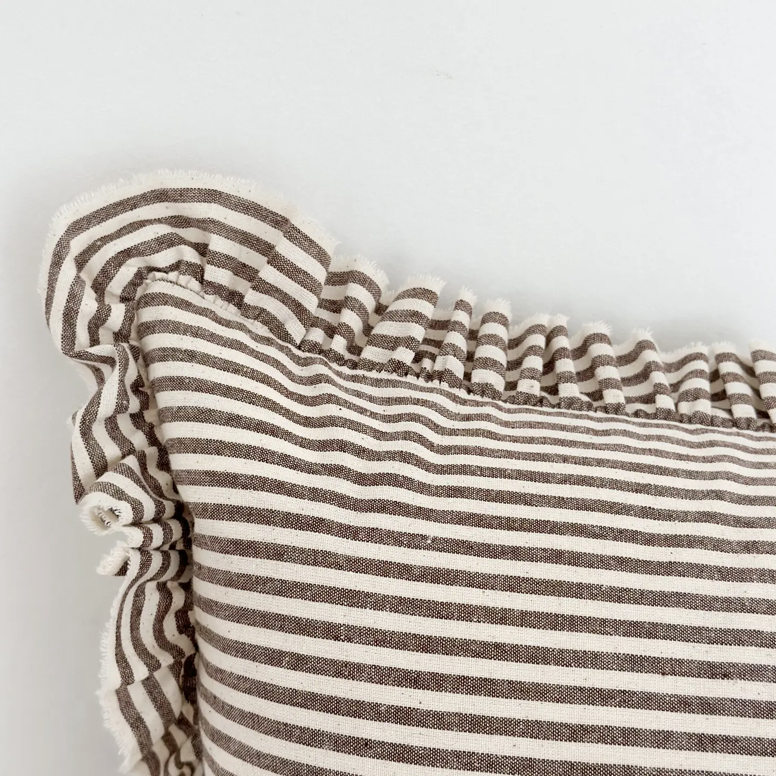 Ellenvale - Ruffled Linen Cushion Cover - Dark Brown Stripe (30x50cm)