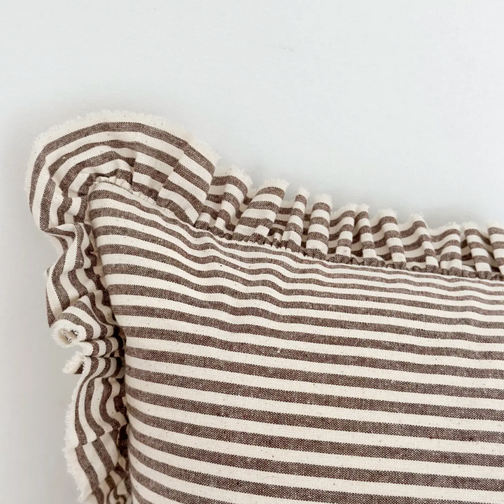 Ellenvale - Ruffled Linen Cushion Cover - Dark Brown Stripe (30x50cm)