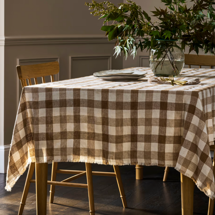 Brown & White Checked Linen Tablecloth