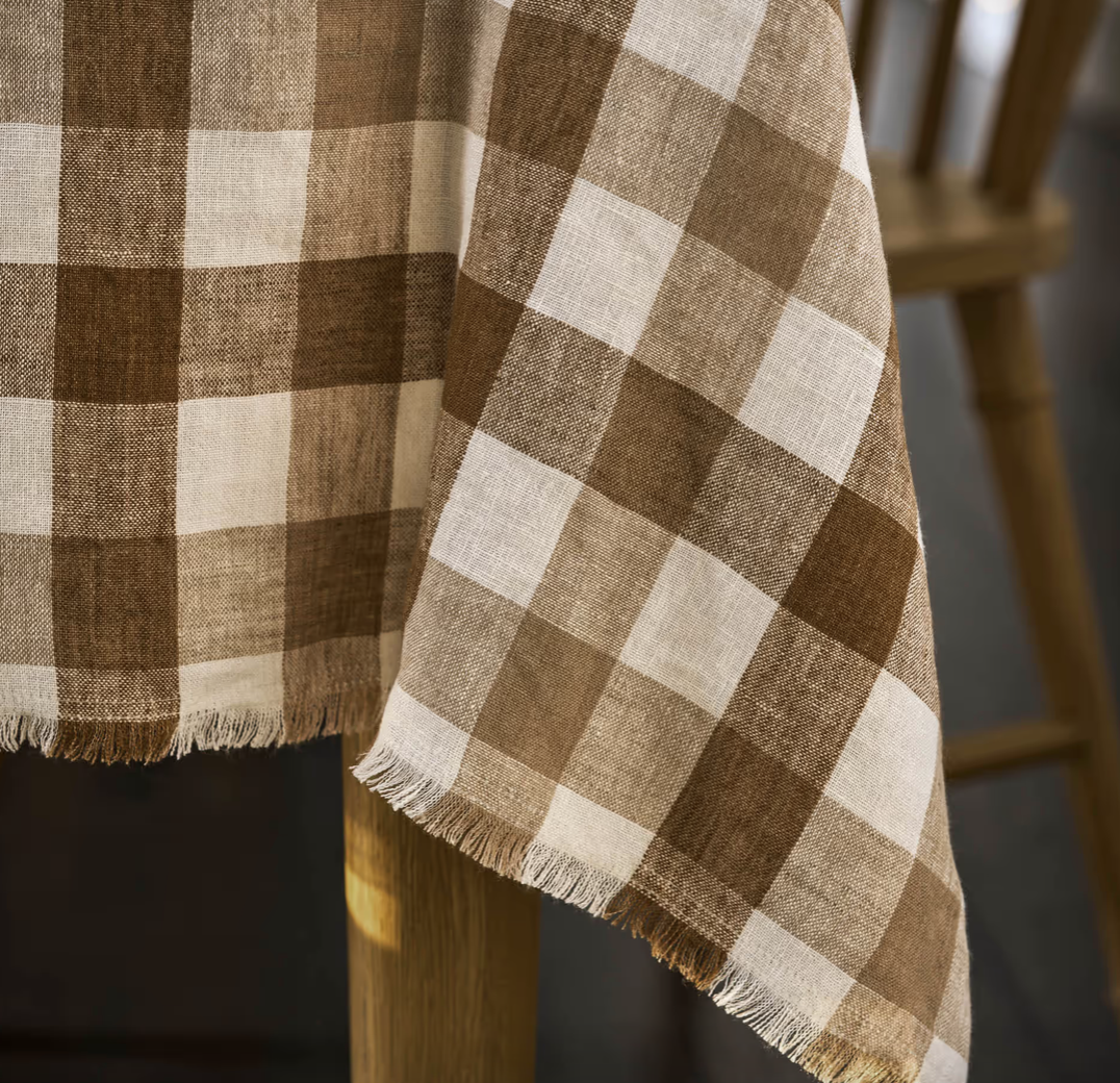 Brown & White Checked Linen Tablecloth