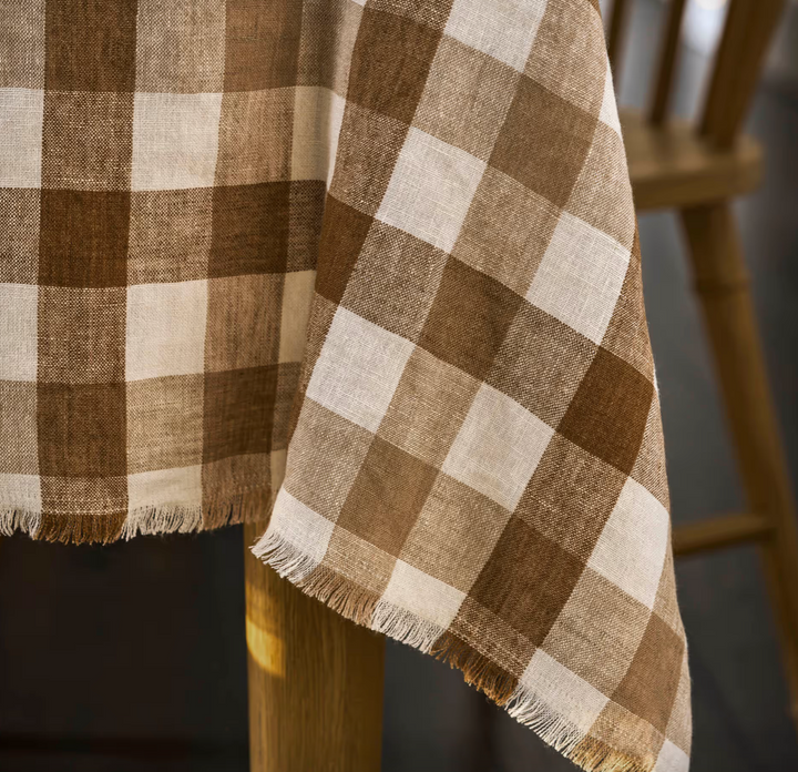 Brown & White Checked Linen Tablecloth