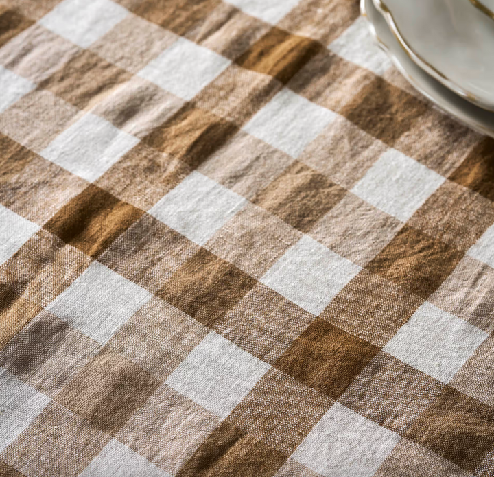 Brown & White Checked Linen Tablecloth