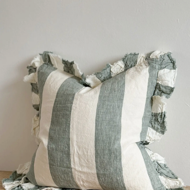 Ellenvale - Ruffled Linen Cushion Cover - Teal Wide Stripe