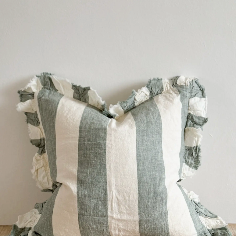 Ellenvale - Ruffled Linen Cushion Cover - Teal Wide Stripe