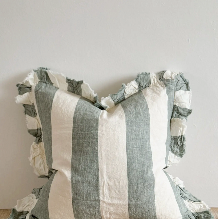 Ellenvale - Ruffled Linen Cushion Cover - Teal Wide Stripe