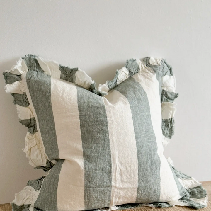 Ellenvale - Ruffled Linen Cushion Cover - Teal Wide Stripe
