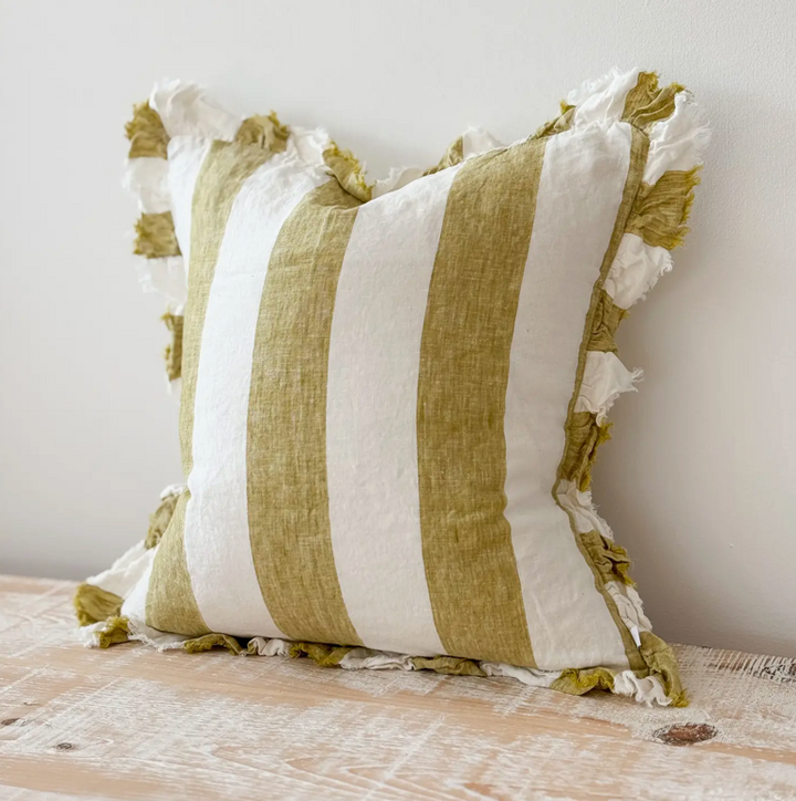 Ellenvale - Ruffled Linen Cushion Cover - Light Olive Wide Stripe
