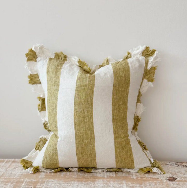 Ellenvale - Ruffled Linen Cushion Cover - Light Olive Wide Stripe