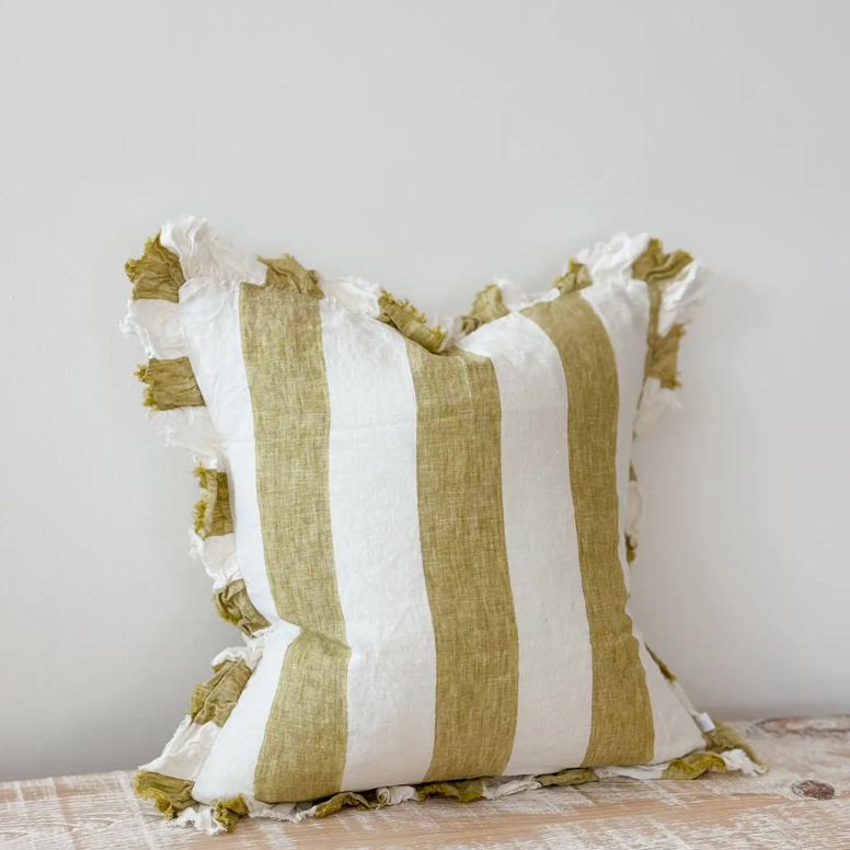 Ellenvale - Ruffled Linen Cushion Cover - Light Olive Wide Stripe