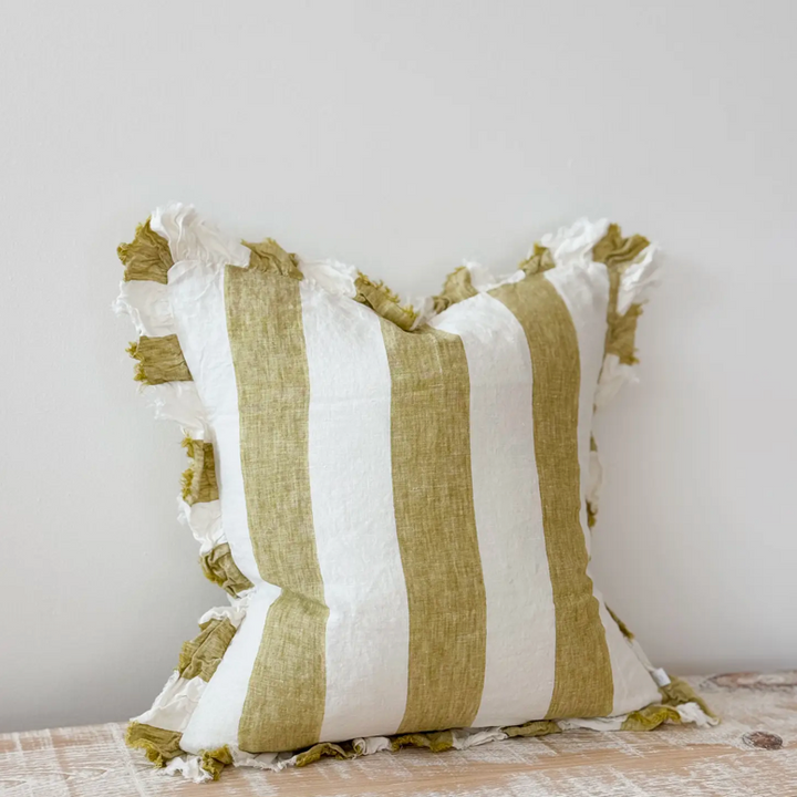 Ellenvale - Ruffled Linen Cushion Cover - Light Olive Wide Stripe