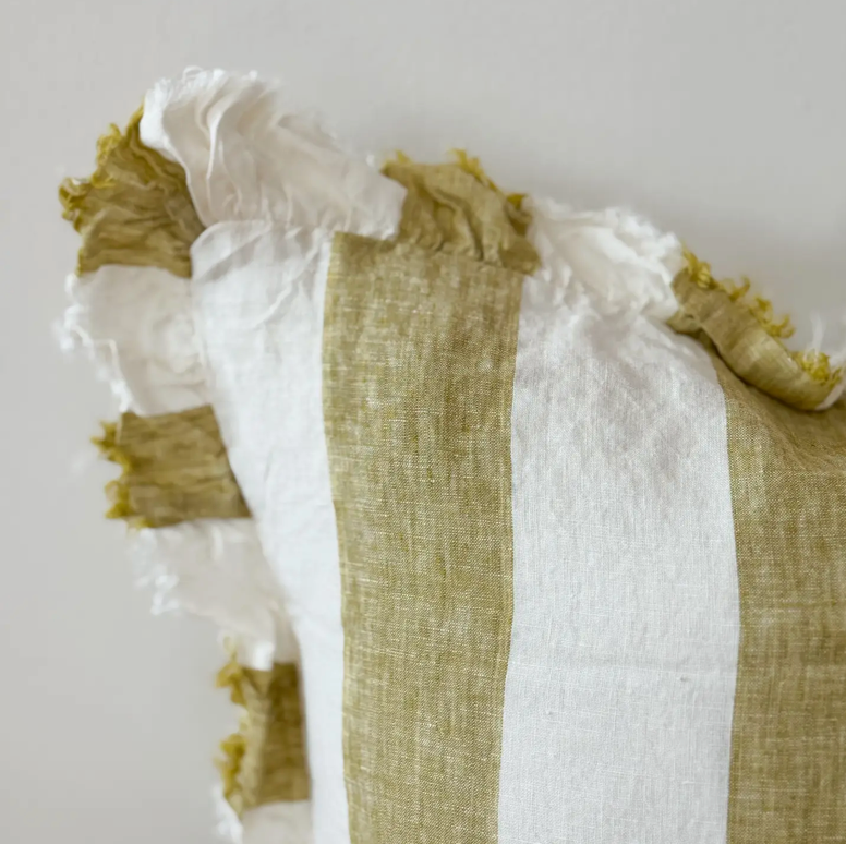 Ellenvale - Ruffled Linen Cushion Cover - Light Olive Wide Stripe