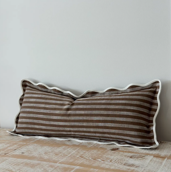 Ellenvale - Brown Scalloped Edge Stripe Bolster Cushion Cover