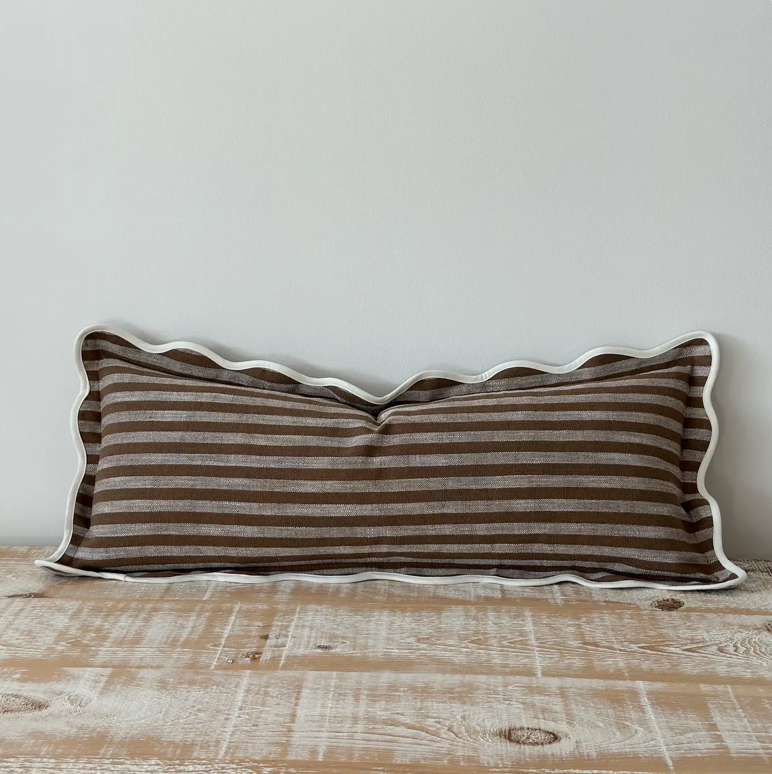 Ellenvale - Brown Scalloped Edge Stripe Bolster Cushion Cover