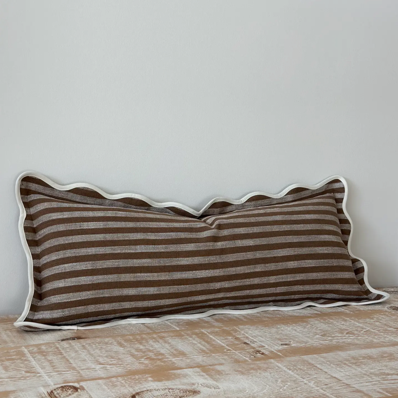 Ellenvale - Brown Scalloped Edge Stripe Bolster Cushion Cover