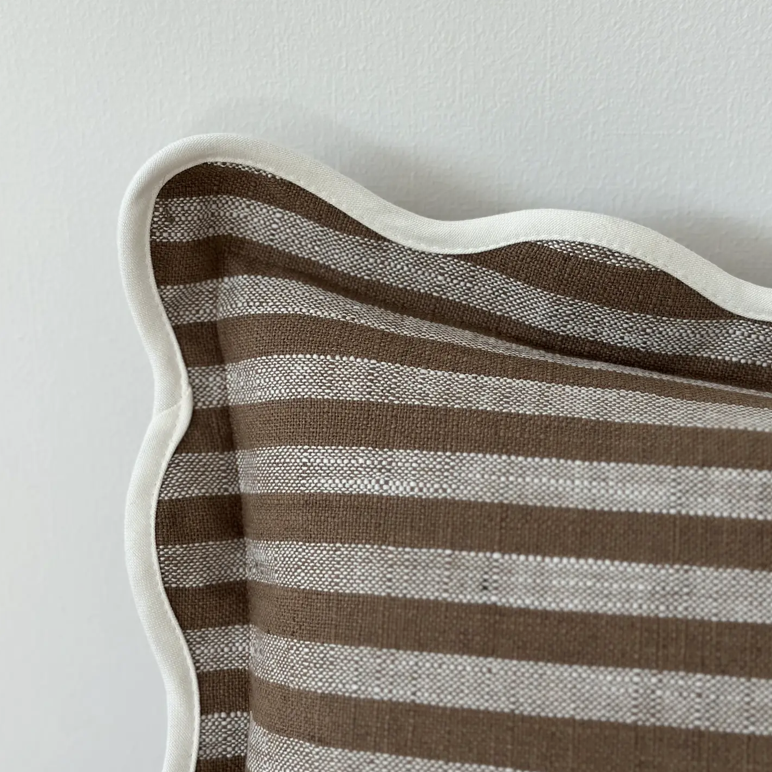 Ellenvale - Brown Scalloped Edge Stripe Bolster Cushion Cover