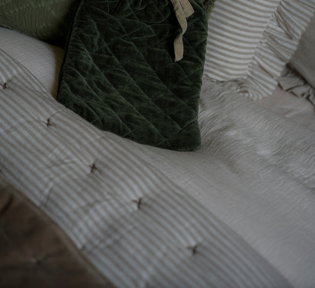 Indian Cotton & Velvet Bedspread with Pinstripe Reverse - Taupe
