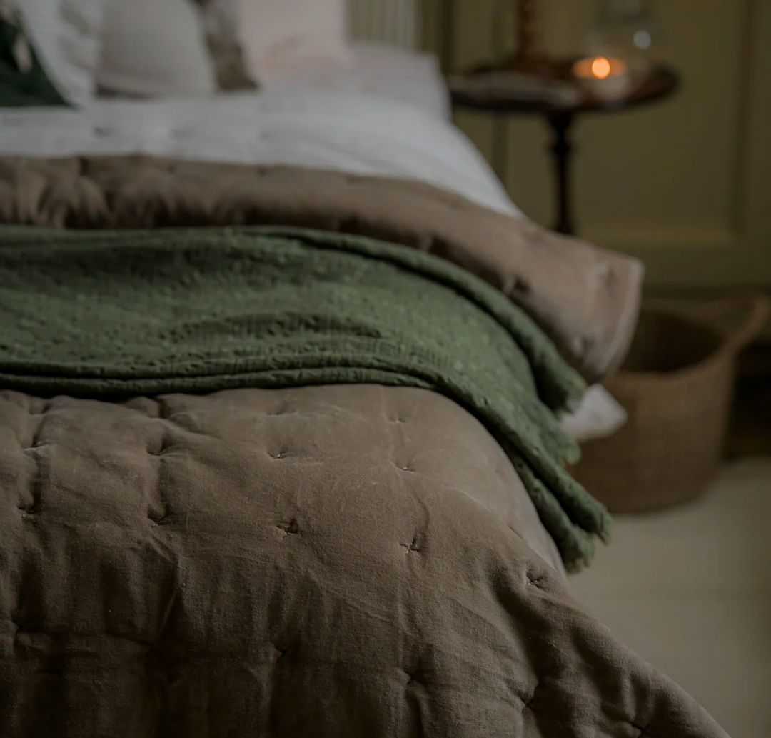 Indian Cotton & Velvet Bedspread with Pinstripe Reverse - Taupe