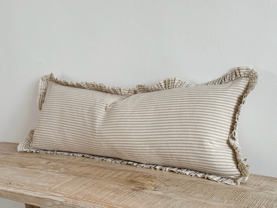 Ellenvale - Frayed Edge Bolster Cushion Cover - Beige Stripe (80x30cm)