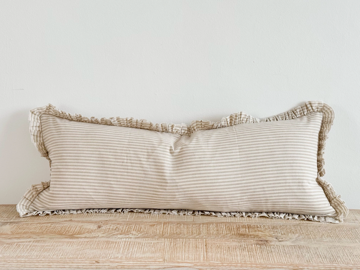 Ellenvale - Frayed Edge Bolster Cushion Cover - Beige Stripe (80x30cm)