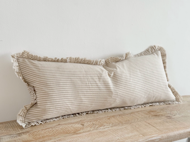 Ellenvale - Frayed Edge Bolster Cushion Cover - Beige Stripe (80x30cm)