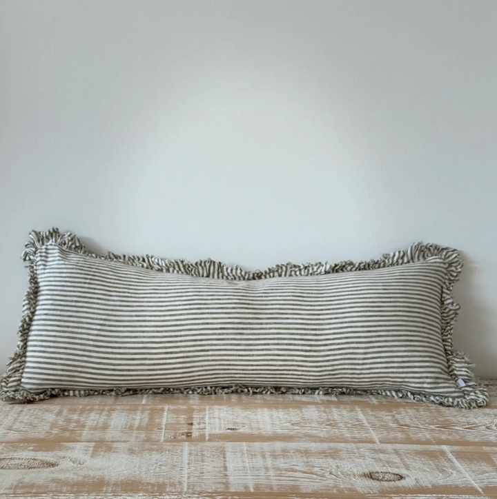 Ellenvale - Frayed Edge Linen Bolster Cushion Cover - Olive Stripe (80x30cm)