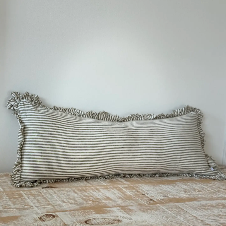 Ellenvale - Frayed Edge Linen Bolster Cushion Cover - Olive Stripe (80x30cm)