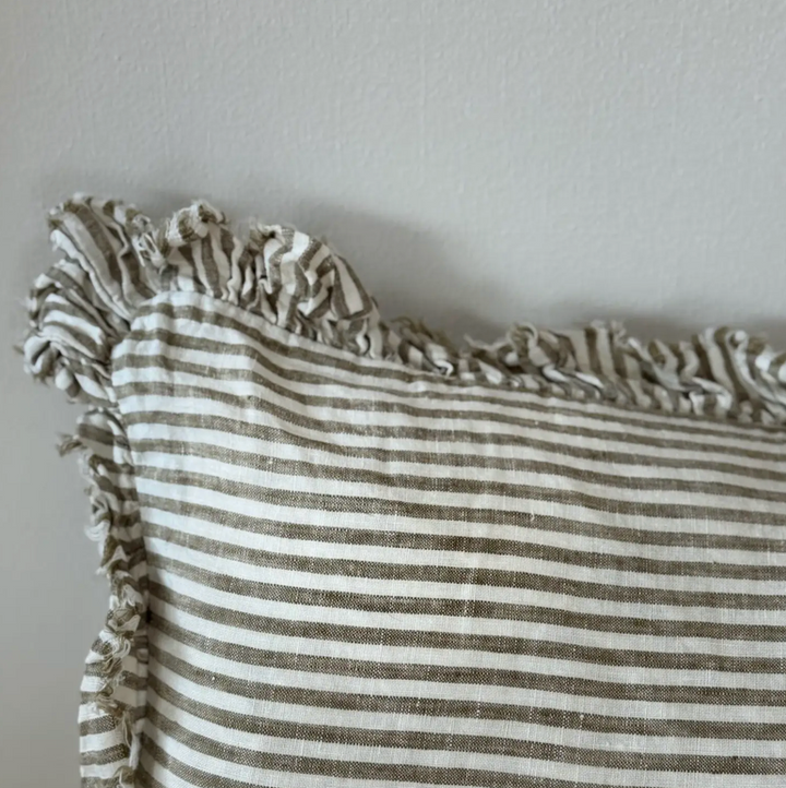 Ellenvale - Frayed Edge Linen Bolster Cushion Cover - Olive Stripe (80x30cm)
