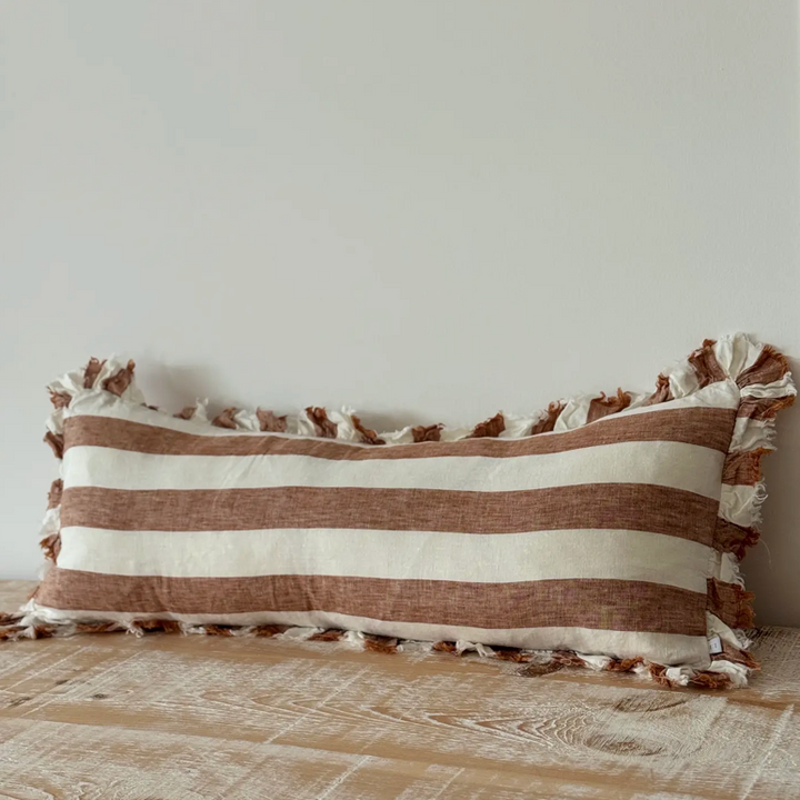 Ellenvale - Ruffle Linen Bolster Cushion Cover - Rust Stripe (80x30cm)