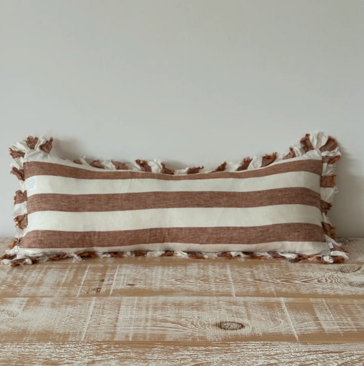 Ellenvale - Ruffle Linen Bolster Cushion Cover - Rust Stripe (80x30cm)
