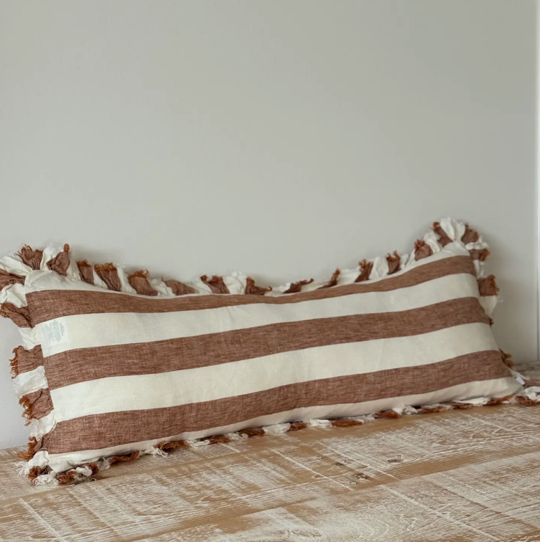 Ellenvale - Ruffle Linen Bolster Cushion Cover - Rust Stripe (80x30cm)