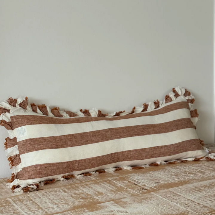 Ellenvale - Ruffle Linen Bolster Cushion Cover - Rust Stripe (80x30cm)