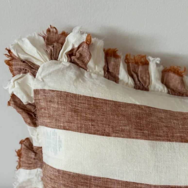 Ellenvale - Ruffle Linen Bolster Cushion Cover - Rust Stripe (80x30cm)