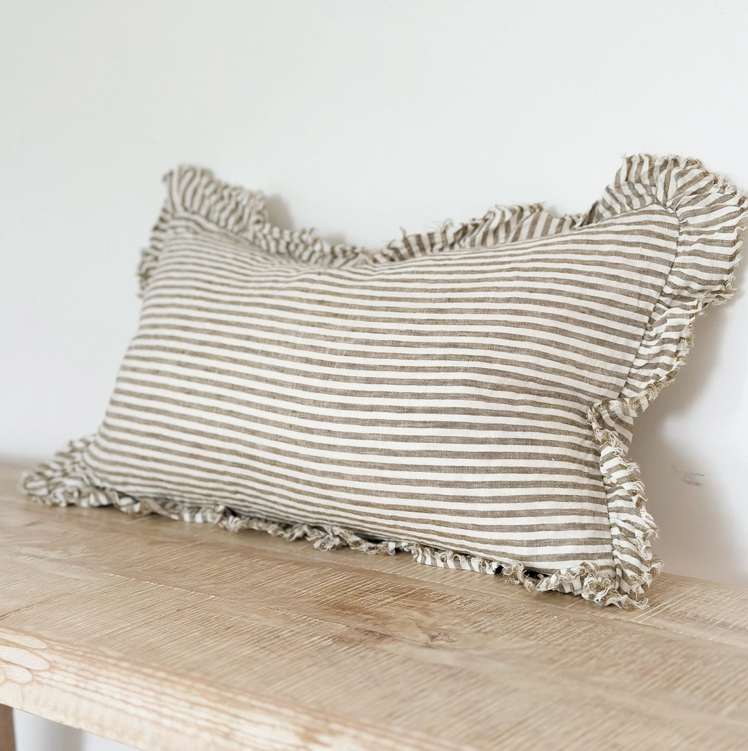 Ellenvale - Ruffled Linen Cushion Cover - Olive Green Stripe (30x50cm)